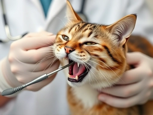 Veterinarian examining a cat's teeth and gums during a check-up to identify the cause of drooling.