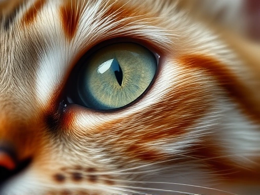 Close-up of a cat's face, focusing on the eye with a dilated pupil, with soft lighting and a shallow depth of field.
