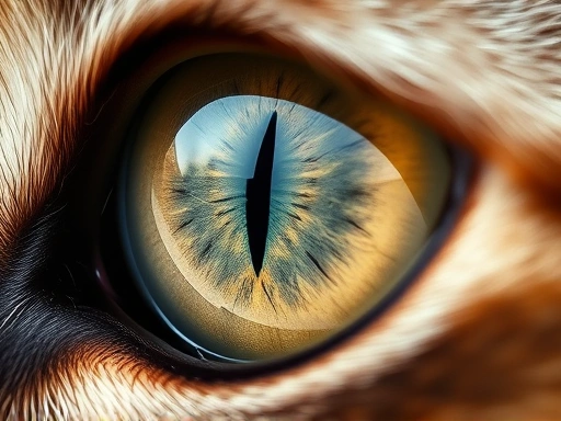 Detailed macro shot of a cat's eye, showing the iris texture and pupil shape, highlighting the subtle color variations and patterns.