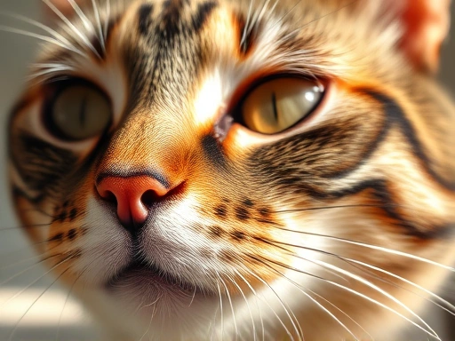 Close-up of a cat's face with noticeable fur color change, sunlight shining on its fur.