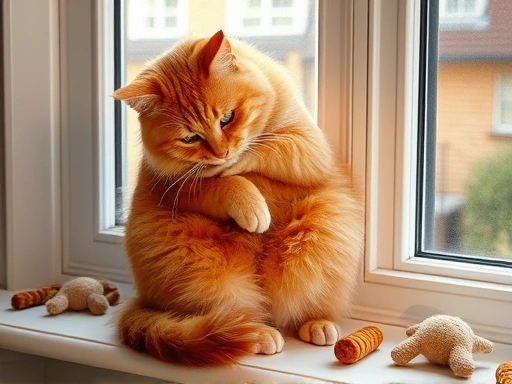 A fluffy ginger cat grooming itself meticulously on a sunny window perch, surrounded by scattered cat toys.