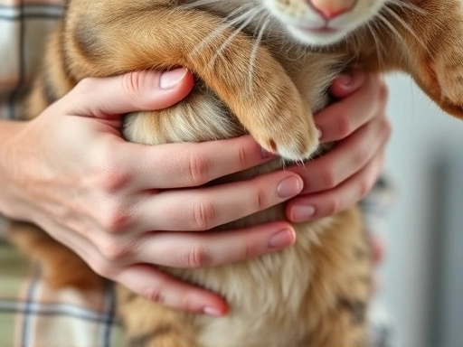 A close-up of a concerned cat owner gently palpating their cat's abdomen, checking for any unusual hardness or swelling.