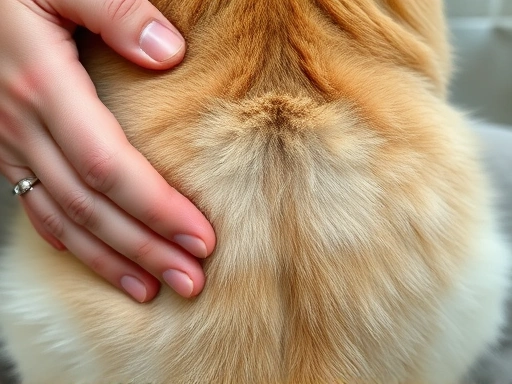 A detailed view of a cat's abdomen, highlighting the texture and feel of the area, with the owner's hand gently touching it.