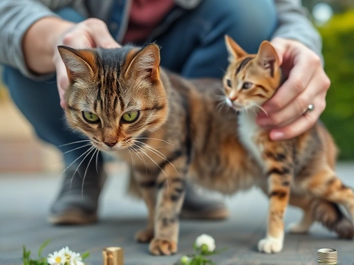 Close-up of a concerned cat owner examining their limping cat's leg, outdoor setting.
