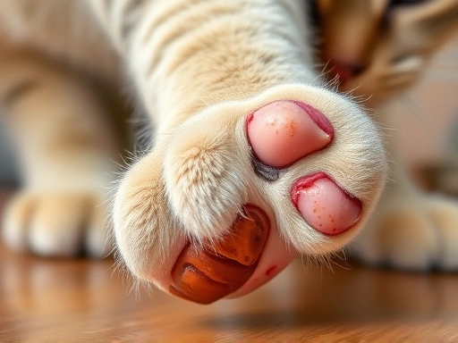 Detailed view of a cat's injured paw, showcasing potential causes of limping with concerned expression.