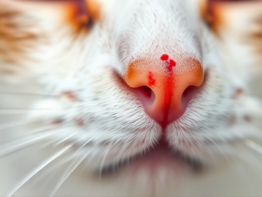 Close-up of a cat's nose with a small amount of blood, highlighting the need for careful observation and veterinary attention.