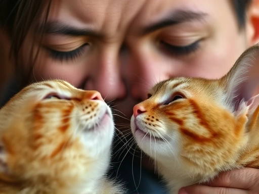 Close-up of a worried cat owner looking at their cat's throat, suspecting a thorn ingestion, worried expression.