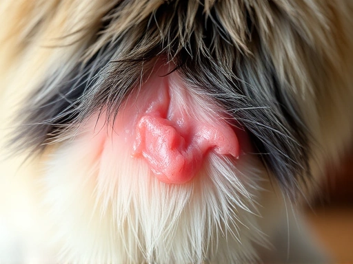 Detailed view of a cat's skin on its tail, highlighting inflammation and missing fur due to hair loss.