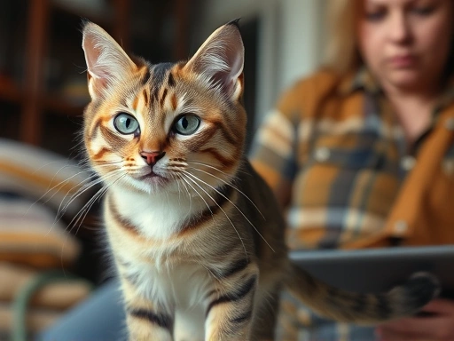 A cat with a worried expression, holding its injured tail, with a concerned owner nearby, indoors.