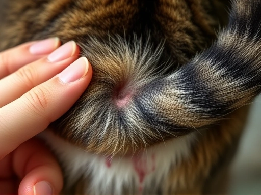 Close-up of a cat's injured tail, showing the affected area with a gentle, comforting touch from the owner.