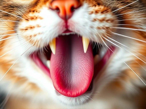 Detailed view of a cat's mouth with a discolored tongue, highlighting potential health issues and the need for veterinary attention.