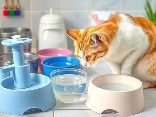 다양한 종류의 고양이 물그릇과 물 분수대가 놓여있는 깨끗한 환경에서 물을 마시고 있는 건강한 고양이.