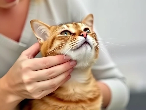 A concerned pet owner gently examines their cat's throat, checking for any signs of swelling