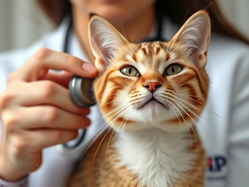 Close-up shot of a veterinarian using a stethoscope to listen to a cat's lungs during a check-up