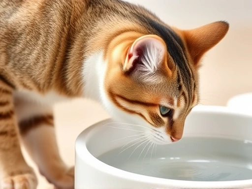 Close-up of a cat drinking water from an elevated water feeder, focusing on proper posture and comfortable neck angle.