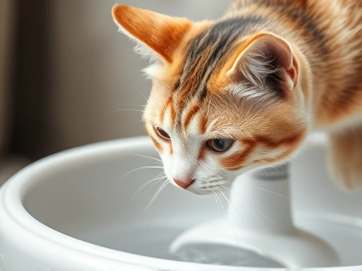 A close-up of a cat drinking from a clean water fountain with a fresh filter installed, showcasing the importance of regular filter changes.