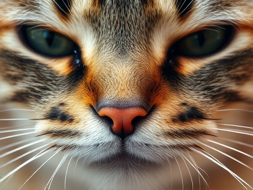 A close-up of a cat's face with broken whiskers, highlighting the texture and detail of the fur and whiskers.