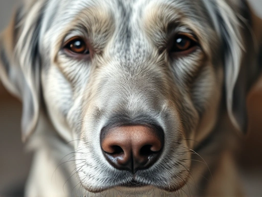 Close-up of a senior dog's face, showing graying fur and a gentle expression, with soft lighting.