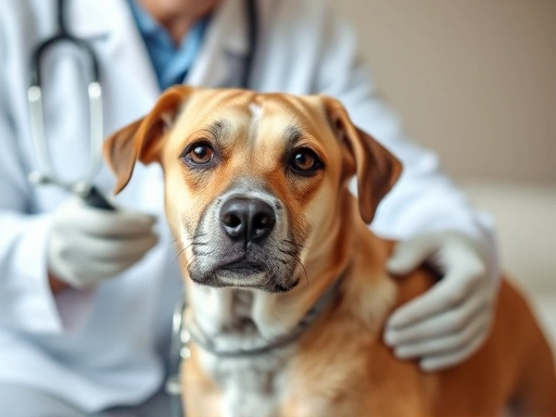 A veterinarian examining a senior dog during a check-up, focusing on the vet's hands and the dog's attentive face.