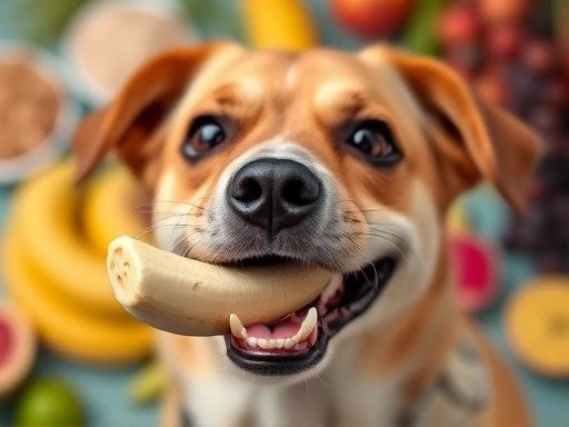 A happy dog enjoying a bite of banana, focusing on the dog's expression and the colorful background with fruits.