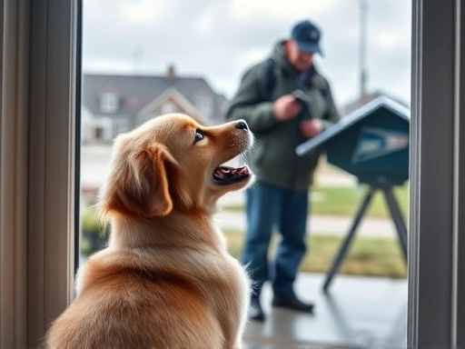 골든 리트리버 강아지가 우편배달부를 향해 짖고 있는 모습
