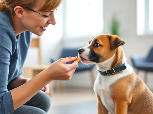 훈련사가 강아지에게 간식을 주며 칭찬하는 모습