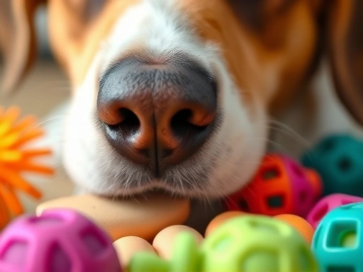 Close-up of a dog's nose actively engaged in a nosework activity, searching for hidden treats among colorful toys.