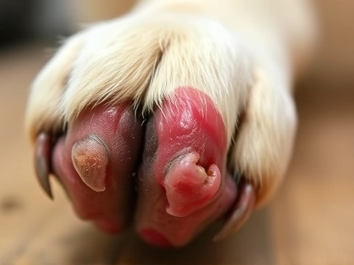 A close-up of a dog's paw with a red, swollen insect bite, emphasizing the need for immediate treatment.