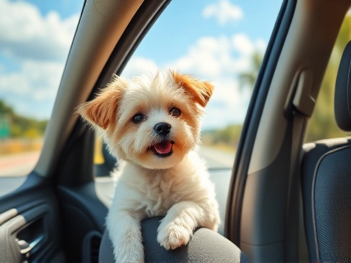 A small, fluffy dog looking happily out the car window during a sunny road trip, enjoying the scenery.