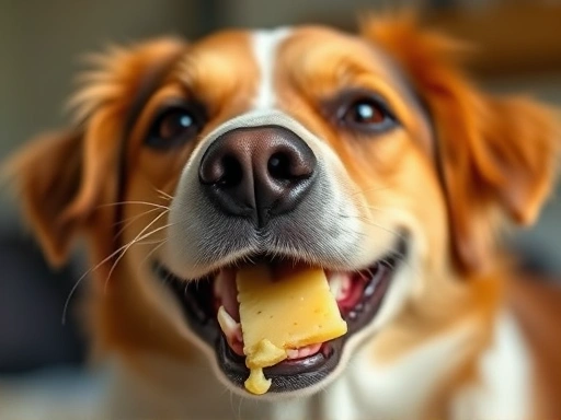 A close-up shot of a happy dog eating a small piece of cheese, with a focus on its joyful expression and the cheese texture.