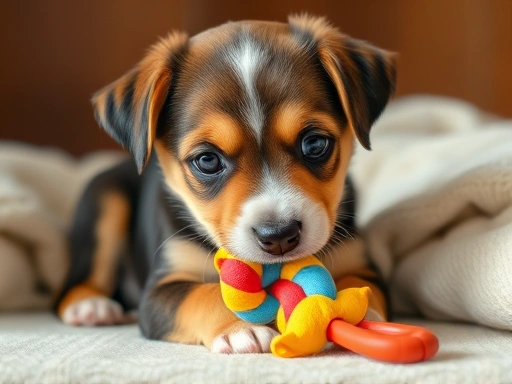 A cute puppy playfully chewing on a colorful toy, surrounded by a safe and comfortable environment.