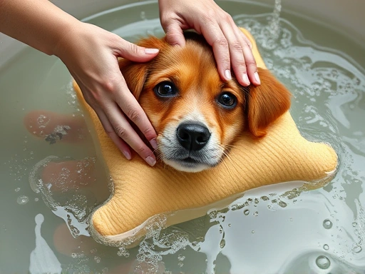 강아지 쿠션을 세탁하는 모습