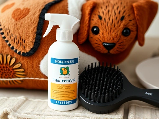 강아지 쿠션 확대컷, 털 제거 브러쉬와 중성세제를 클로즈업하여 보여주는 이미지