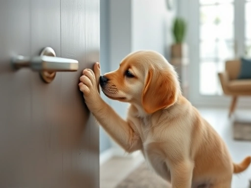 A cute golden retriever puppy curiously sniffing and pawing at a silver door handle in a modern home, natural light.