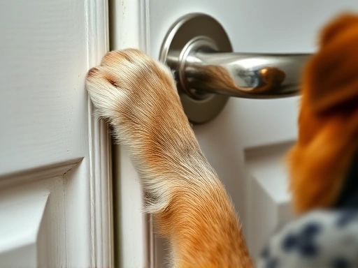 Close-up of a dog's paw gently touching a door handle, focusing on the texture of the handle and the dog's fur.