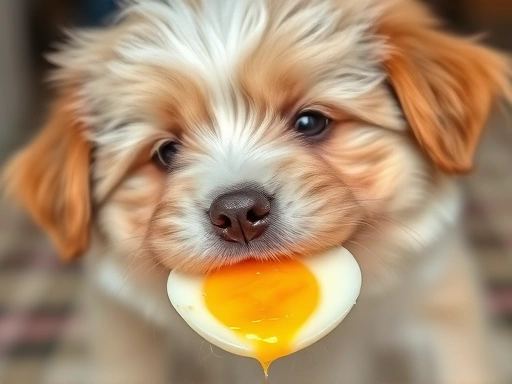 Close-up of a fluffy puppy happily eating a piece of cooked egg, showcasing healthy dog food.