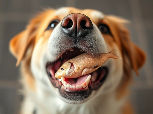A close-up of a happy dog eagerly awaiting a delicious fish treat, highlighting the joy of healthy feeding.
