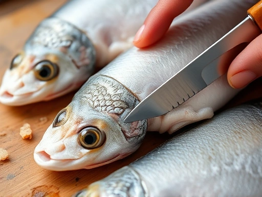 Detailed shot of meticulously removing fish bones, emphasizing the importance of safe fish preparation for dogs.