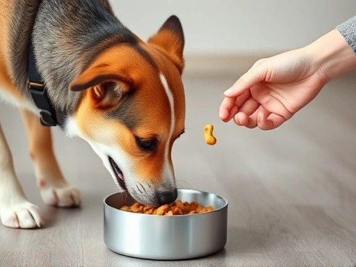 A dog is eating food from a bowl, and a person is gently approaching with a treat in hand, showing positive reinforcement training