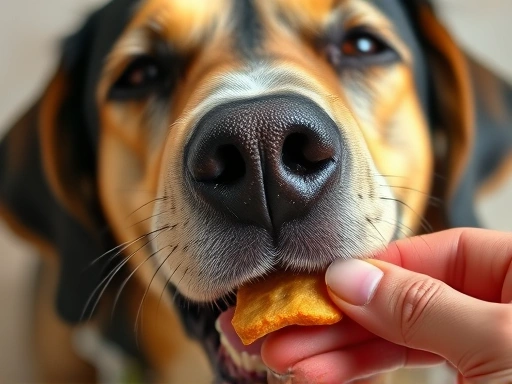 Close-up of a dog's face as it eats, focusing on its relaxed expression and the person's hand offering a tasty treat