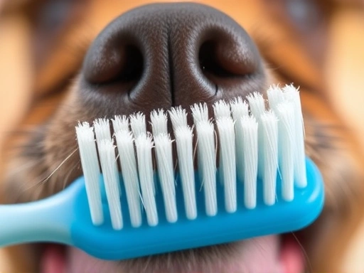 강아지 칫솔의 부드러운 모와 잇몸 경계 부위를 클로즈업하여 위생적이고 안전한 관리 강조