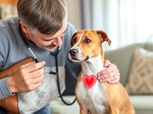 A loving owner gently checks their dog's heartbeat with a stethoscope at home, ensuring early detection of health issues.