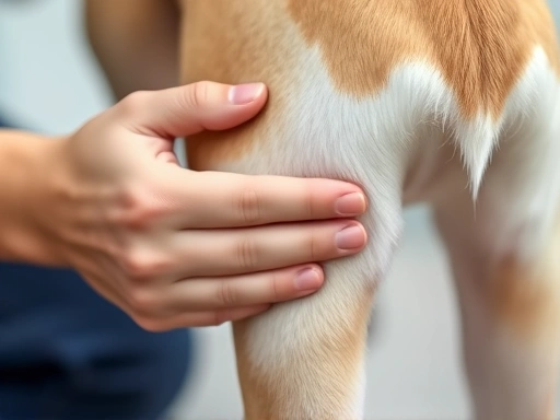 Close-up of a hand feeling for a dog's pulse on its hind leg, focusing on the careful monitoring of canine vital signs.
