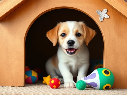 A cozy dog house with a happy puppy peeking out, surrounded by toys.
