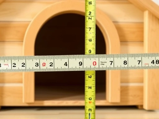 Close-up of a measuring tape showing the dimensions of a dog house entrance.