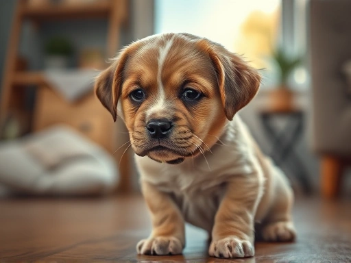 귀여운 강아지가 실내에서 마킹하는 모습
