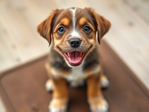 강아지 배변 패드 위에 앉아 있는 강아지의 클로즈업, 칭찬과 간식을 기다리는 행복한 표정을 강조