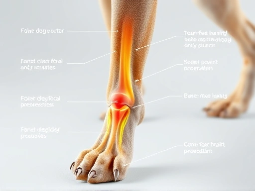 Detailed view of a dog's paw and leg, highlighting the anatomical structure and potential areas of concern for joint health issues.