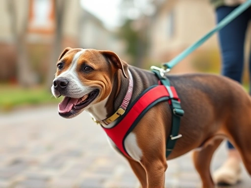 A dog wearing a comfortable harness during a walk, preventing leash pulling, happy expression