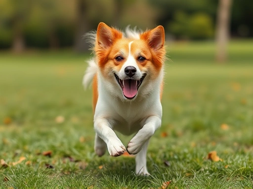 A vibrant, joyful dog running freely in a park, illustrating the importance of exercise and a happy life for extending lifespan.